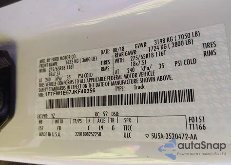 2018 Ford F-150 Xlt z USA, uszkodzony, nr VIN 1FTFW1E57JKF40356